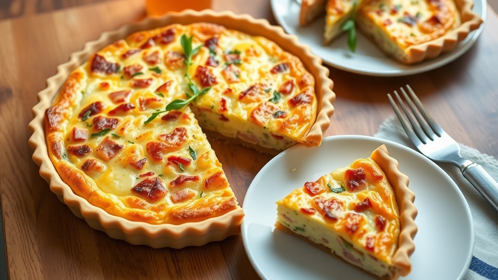 Savory Ham and Cheese Quiche Recipe Sliced Ham and Cheese Quiche on a rustic wooden table, garnished with herbs, showcasing a golden crust and creamy filling.